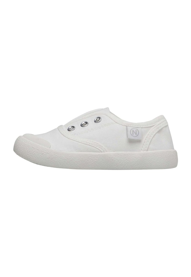 White canvas slip-on shoe with rounded toe, three metallic eyelets, and textured rubber sole. Minimalist design with subtle branding detail.