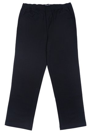 Black, stretchy pants with an elastic waistband. Features side pockets, straight leg design, and smooth texture.