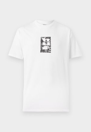 White cotton t-shirt featuring a central black graphic design with abstract patterns and text, short sleeves, and a classic crew neck.