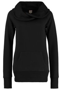Sweat à capuche noir à manches longues avec large col entonnoir et poche kangourou à l'avant, avec poignets et ourlet côtelés.
