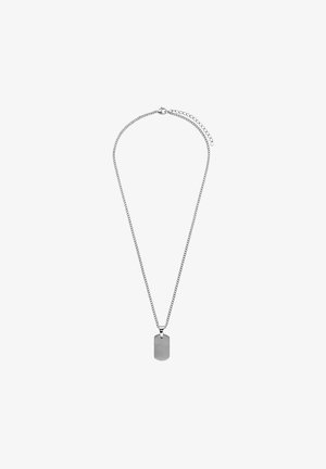 Silberne Metallkette mit einem rechteckigen Hundemarkenanhänger, der eine glatte Oberfläche und eine leichte bürstete Textur aufweist.