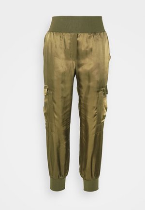 Olive green satin cargo pants with a wide, ribbed waistband. Features side pockets and tapered cuffs. Smooth texture and relaxed fit.