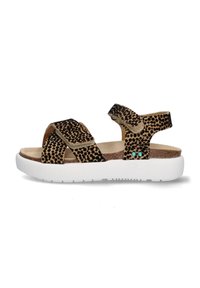 Sandalen met luipaardprint en twee verstelbare riemen, kurken voetbed en witte outsole. Bevat turkooise accenten en een gemarmerd oppervlak.