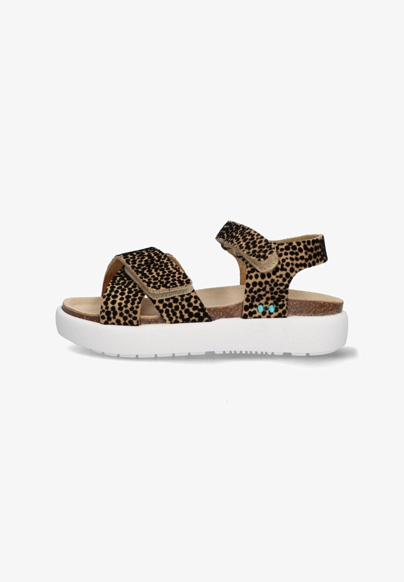 Sandalen met luipaardprint en twee verstelbare riemen, kurken voetbed en witte outsole. Bevat turkooise accenten en een gemarmerd oppervlak.