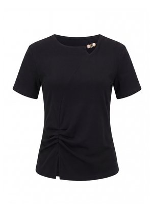 Schwarzes Kurzarm-Top mit asymmetrischem Ausschnitt, dekorativen Perlen am Kragen, geraffter Seite und kleinem Schlitz am vorderen Saum.
