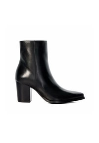 Bottines en cuir noir à bout carré et à talon épais. Texture lisse, design ajusté, coutures minimales et côtés sans couture.