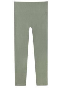 Leggings acanalados en un color verde apagado con una cinta ancha en la cintura, presentando una textura suave y un diseño ajustado. Sin costuras visibles.