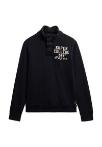 Felpa blu marina con collo alto, chiusura a tre bottoni, testo stampato in bianco "SUPER COLLEGE DRY Japan" e maniche a sbuffo.