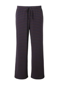 Pantaloni da pigiama a righe in blu scuro e marrone; vita elasticizzata con cordoncino regolabile; design a gamba larga; tessuto morbido con una texture liscia.