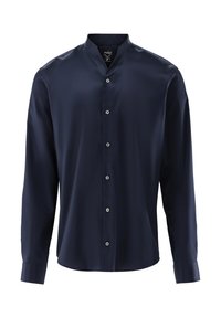 Camicia a maniche lunghe color blu navy con colletto alla cinese, realizzata in tessuto liscio, con bottoni frontali e un design aderente.