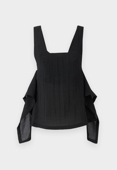 Μαύρο αμάνικο τοπ με τετράγωνη λαιμόκοψη, ρευστή ύφανση, ασύμμετρο στρίφωμα και υφασμάτινη υφή.