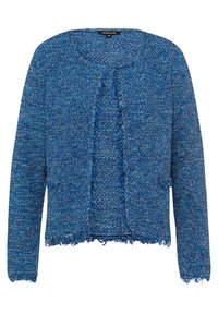 Modrý texturovaný kardigan s třásněmi na lemu. Otevřený přední design, dlouhé rukávy a dvě přední kapsy. Měkký tkaný materiál s různými odstíny.