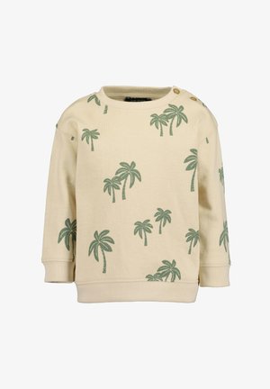 Beige sweatshirt met groene palmbomenprints, lange mouwen, geribde manchetten en knoopdetails op de schouder voor gemakkelijk aantrekken.