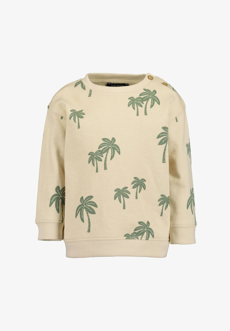 Sweatshirt beige avec imprimés de palmiers verts, manches longues, poignets côtelés et accents de boutons sur l'épaule pour un enfilage facile.