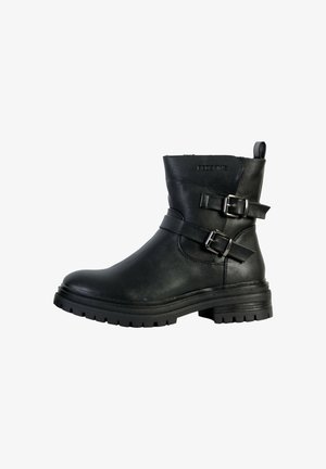 Bottine en cuir noir avec deux courroies à boucle réglables, un bout arrondi, une semelle texturée et un solide talon bas.