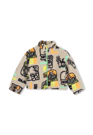 Beige fleecejack met volledige ritssluiting, versierd met kleurrijke stripfiguren, letters en vredestekens in zwart, oranje, geel en groen.