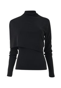 Schwarzes Langarmoberteil mit hohem Ausschnitt und asymmetrischem Overlay, das vorne herunterhängt, aus glattem, elastischem Stoff gefertigt.