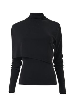 Zwarte top met lange mouwen, een hoge halslijn en een asymmetrische overlay die over de voorkant valt, gemaakt van gladde, rekbare stof.