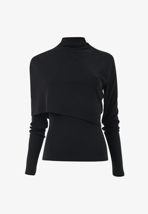Zwarte top met lange mouwen, een hoge halslijn en een asymmetrische overlay die over de voorkant valt, gemaakt van gladde, rekbare stof.