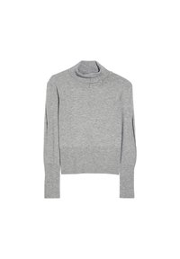 Hellgrauer Rollkragenpullover aus weichem Stoff; mit dezenten Verzierungen am Halsausschnitt; enganliegende lange Ärmel.