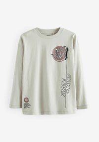 Hellgrau langärmliges T-Shirt aus Baumwolle mit einem Skelettgrafik in einem roten Kreis und dem Text "SKATE OF MIND" in fetter Schrift.