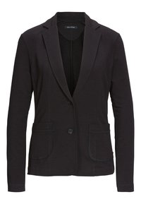 Blazer nero realizzato in tessuto morbido, con colletto a revers, chiusura con un bottone e due tasche applicate frontali con cuciture a contrasto.