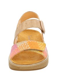 Braune Ledersandale mit geflochtenem, mehrfarbigem Riemen in Pink, Orange und Gelb. Weiche Wildleder-Innensohle und Gummisohle.