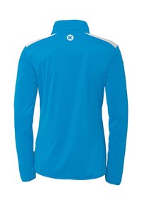 Langærmet blå polo skjorte med høj krave, hvide detaljer på skuldrene og et logo på ryggen. Glat, letvægts stof.