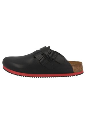 Black slip-on shoe with two adjustable buckles, red rubber sole, and textured upper. Designed for comfort with a cork insole.