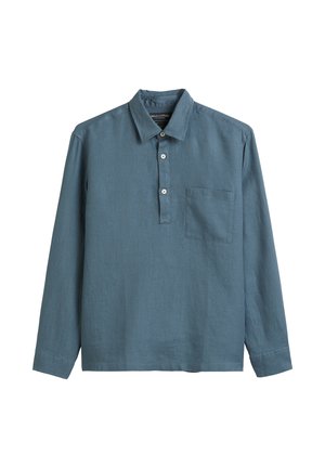 Long-sleeve, collared shirt in a muted blue, featuring a single chest pocket, button placket, and a textured fabric.