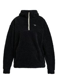 Zwarte fleece trui met een halve ritssluiting bij de kraag, een gestructureerd oppervlak en een klein logo op de borst. Lange mouwen met elastische manchetten.