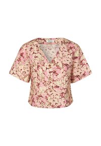 Blusa a maniche corte con scollo a V in un motivo floreale astratto rosa e beige, con bottoni decorativi lungo la parte anteriore. Tessuto strutturato.