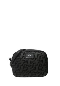 Borsa a tracolla nera con un esterno in pelle texturizzata, caratterizzata da un motivo logo in rilievo e una placca con il marchio sul davanti. Tracolla regolabile.