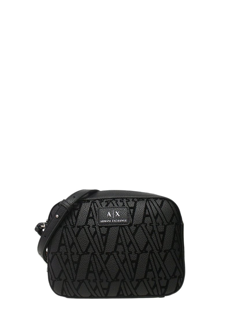 Borsa a tracolla nera con un esterno in pelle texturizzata, caratterizzata da un motivo logo in rilievo e una placca con il marchio sul davanti. Tracolla regolabile.