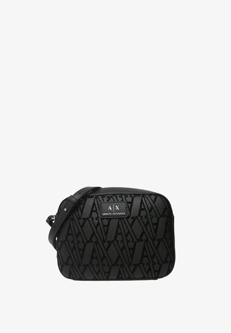 Borsa a tracolla nera con un esterno in pelle texturizzata, caratterizzata da un motivo logo in rilievo e una placca con il marchio sul davanti. Tracolla regolabile.