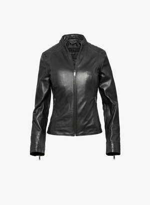 Schwarze Lederjacke mit hohem Kragen, Reißverschluss und zwei Seiten Taschen. Glatte Textur mit genähten Schulterakzenten und tailliertem Schnitt.