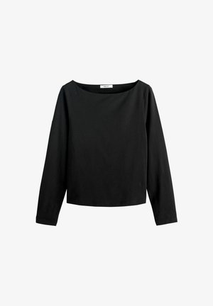 Black long-sleeve top with a wide neckline, made of a smooth material, featuring a relaxed fit and minimalistic design. Horizontal cut at the hem.