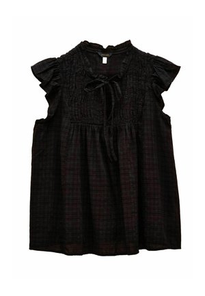 Black plaid short-sleeve blouse with flutter sleeves, gathered stitching at the bodice, and a tie neckline detail.