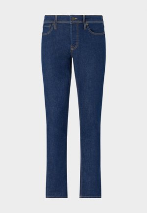 Jean en denim bleu foncé avec une coupe droite, présentant des coutures discrètes, cinq poches et un bouton de fermeture à la taille.