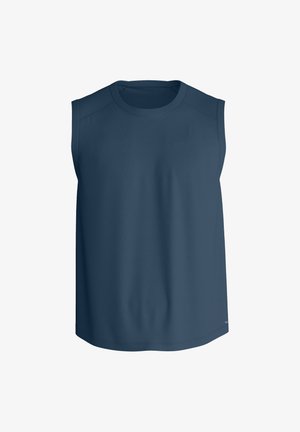 Mouwloos sportshirt, effen marineblauwe kleur, gemaakt van glad, ademend materiaal. Heeft een ronde hals en een licht gebogen zoom.