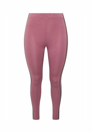 Różowe sportowe legginsy z wysokim stanem, czarne paski po bokach, dopasowany krój i długość do kostek na białym tle.