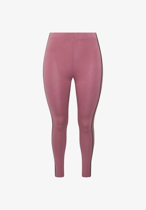Roze sportleggings met hoge taille en zwarte strepen aan de zijkanten, nauwsluitend ontwerp en enkelhoge lengte op een witte achtergrond.