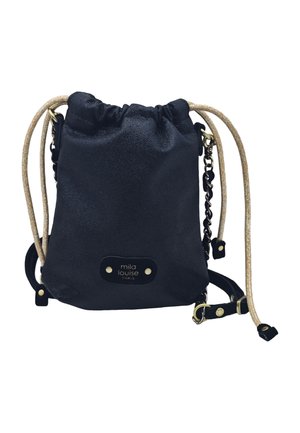 Sac à cordon en cuir noir avec bretelles en corde dorées et détail chaîne, étiqueté "mila louise PARIS."
