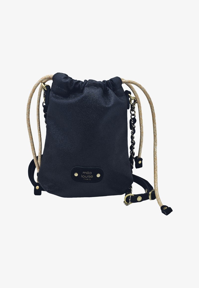 Sac à cordon en cuir noir avec bretelles en corde dorées et détail chaîne, étiqueté "mila louise PARIS."