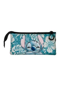 Trousse zippée en tissu teal avec un personnage de dessin animé. Le motif inclut des motifs floraux et un personnage souriant avec de grandes oreilles.