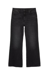 Jean noir taille haute à jambes larges avec bouton et fermeture éclair à l'avant, passants de ceinture, et design cinq poches sur fond blanc.
