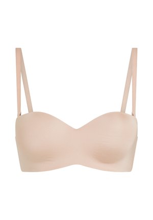 Naadloze nude strapless beha met afneembare dunne schouderbandjes, glad gevormde cups, ontworpen voor ondersteuning en veelzijdigheid.