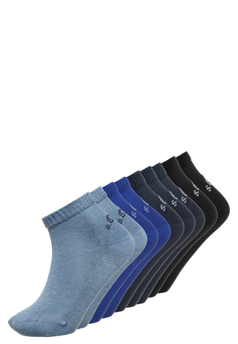 Ein Sortiment an Knöchelsocken in drei Farben: hellblau, dunkelblau und schwarz. Glatte Textur mit elastischem Bund und Logodetail.