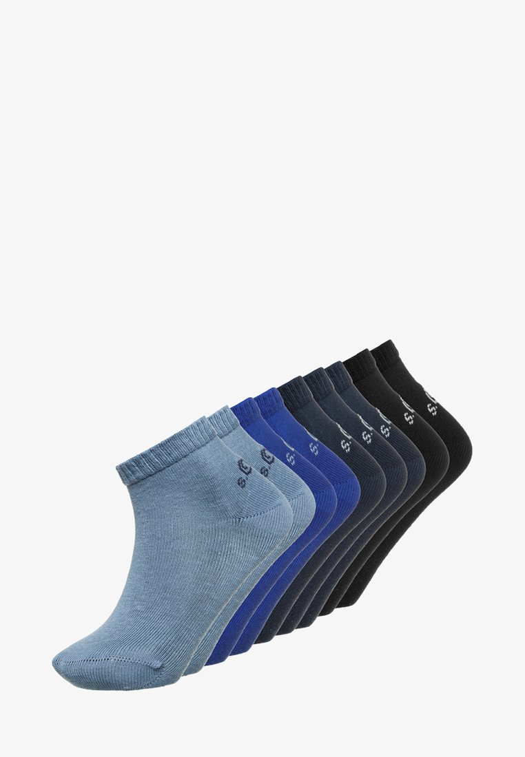 An assortment of ankle socks in three colors: light blue, dark blue, and black. Smooth texture with a ribbed cuff and logo detail.