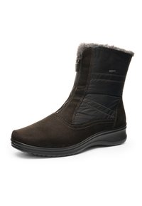 Bottine d'hiver noire avec fermeture éclair latérale, panneau en tissu matelassé et doublure en fausse fourrure grise autour du bord supérieur.